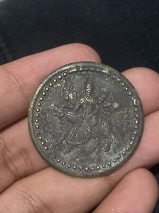 Silver Plated Shiri Lakshmi Ganesh Ji Hindu Luck Pot Old Temple Token Coin T325 - Picture 1 of 4