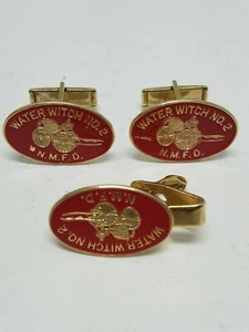 Water Wicht no,2 N.M.F.D.Firefighters, red Enameled,Gold Tone Cufflinks &TIE PIN - Picture 1 of 2