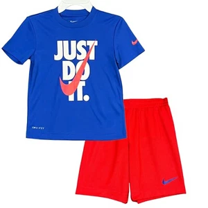 Nike Boys Sporty Logo Just Do it T-Shirt & Shorts Outfit Set Size 4 Blue/Red - Picture 1 of 12