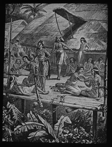LAKE DWELLINGS - DAYAK FEAST BORNEO C1880 Magic Lantern Slide - Picture 1 of 5