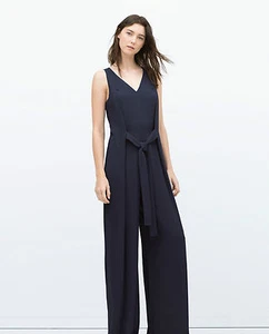 ZARA BASIC OVERALL S 36 NAVY DUNKELBLAU MARINEBLAU MIT SCHLEIFE AN DER HÜFTE - Bild 1 von 6