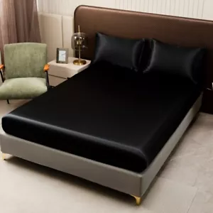 3pc Satin luxury Solid Color Bed Fitted Sheet and Pillowcase Upscale Adjustable - Picture 1 of 28