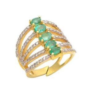 Mehers Jewel Oval Emerald & Round Diamond 5 Row Gold Plated Sterling Silver Ring - Picture 1 of 3