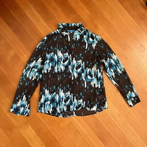 Derek Lam 2010s Chiffon Blue & Black Abstract Patterned Button Up Blouse, Size M - Picture 1 of 8