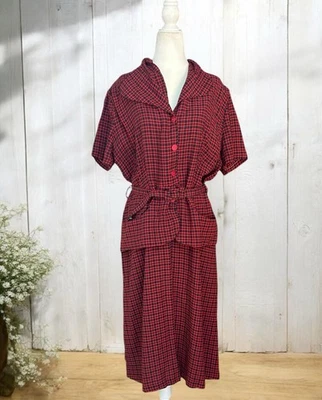 Vintage 40s Plaid Check Print Day Dress Shirt Cotton Hostess Dress Size 32w - Image 1 of 4