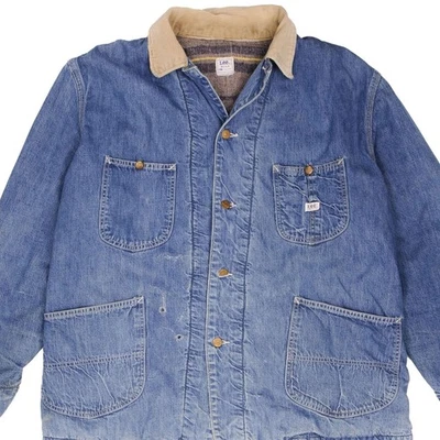 JAQUETA JEANS VINTAGE LEE CHORE FORRADA 81 LJ GOLA DE VELUDO DÉCADA DE 1960 TAMANHO 46 FEITA NOS EUA - Imagem 1 de 4