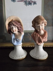 Vintage Capodimonte Pair Bust Figurines Boy & Girl W/ Hat on Pedestal Signed - Picture 1 of 12