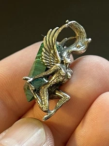 STerling Silver 925 Nude Winged Lady Fantasy Malachite Prism Pendant Unique Rare - Picture 1 of 14