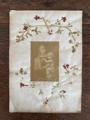 Unusual Antique Herbarium Dried Flower Religious Madonna Art Dated 1865 8x12 - Image 1 of 4