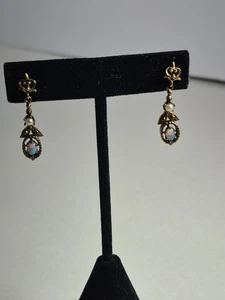 Art Deco Oranate Florentine Opal Dangle Earrings 14k Gold Vintage - Foto 1 di 8