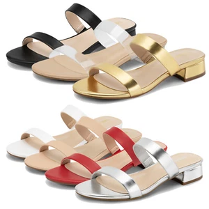 Women Two Straps Slides Sandals Low Block Heels Casual Summer Mules Sandals - Picture 1 of 50