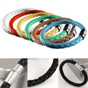 Handmade Braided Leather Steel Magnetic Clasp Bracelet Bangle Unisex Women Men - Picture 1 of 11