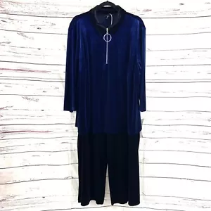 MSK 2PC Pant Suit Womens 3X Navy /Black Top 3/4 Zip Velour Long Sleeves Slit Hem - Picture 1 of 14