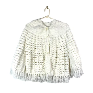 Vintage Handmade Crochet Open Weave White Button Poncho Cardigan Boho One Size - Picture 1 of 3