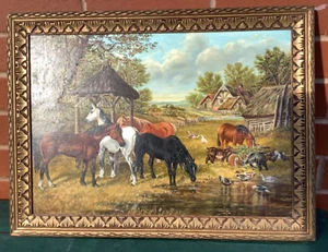 Arte firmado Mónica White siglo XX óleo a bordo caballos pastando en granja - Imagen 1 de 3