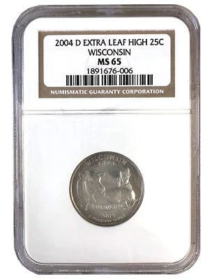 2004-D 25C Wisconsin State Extra LEAF HIGH Washington Quarter NGC MS65 Coin 676 - Image 1 of 2