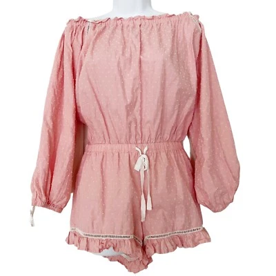Victoria's Secret Pink Textured Dot Off Shoulder Romper Shorts w L/S Balloon, Sm - Image 1 of 4