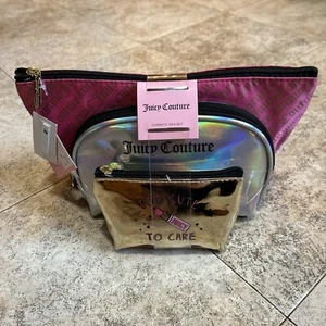 JUICY COUTURE Cosmetic Makeup Bag Set Pink Silver & Gold Toiletry Pouch 3 Pieces - Picture 1 of 6