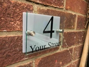 Modern Door House Number Plaque Personalised Glass Effect Acrylic Grey Sign - Picture 1 of 8