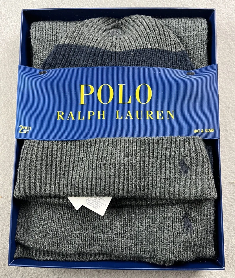 POLO RALPH LAUREN Мужская шляпа и шарф комплект серый и темно-синий вышитый пони с логотипом - Изображение 1 из 1