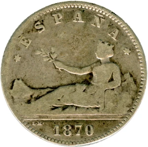 # SPAIN • 1 PESETA 1870 DEM • PROV. GOVERNMENT ☆ SILVER (0.835) ☆ KM# 653 ☆C8255 - Picture 1 of 5