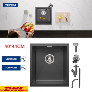 Küchenspüle 40×44×19 cm Anthrazit Edelstahl 304 1 Becken mit Siphon und Überlauf - Bild 1 von 11