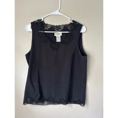 Camiseta sin mangas Talbots negra con ribete de encaje cuello en V talla L Whimsigoth Grunge romántica Foto 1 de 4
