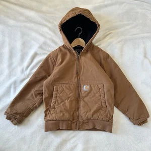 Carhartt Youth Canvas Jacket Coat w/Hood Sz M 10-12 Quilted Lining Tan Brown Zip - Picture 1 of 7