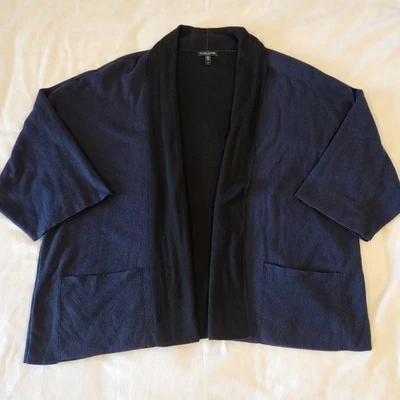 Cardigã Eileen Fisher azul preto algodão orgânico e tencel aberto tamanho 2X curto Slv - Imagem 1 de 4