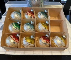 Vintage Shiny Brite Weihnachtsschmuck Glimmer schabloniert rot gold grün blau 10 - Bild 1 von 15