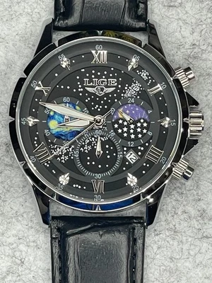 New - LIGE LG89107 Men's Sport, 42mm, Chronograph, Date, Moon phase, Leather - Image 1 of 4