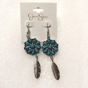 Jessica Simpson Turquoise Stone Feather Dingle Earrings JEH00378L.RT New On Card - Picture 1 of 4