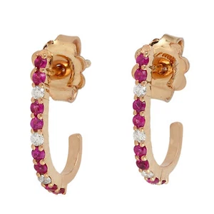14KT Rose Gold Ruby & Diamond Half Hoop Earrings Small Huggie Gift for Her - Picture 1 of 7