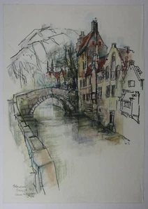 Zeichnung Feder Pastell Landschaft Stadt Brügge Hans Pluquet Signiert 1976 - Picture 1 of 9