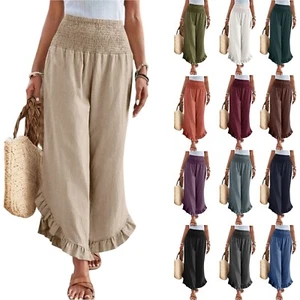 Women's Cotton Linen Palazzo Pants Summer Beach Pants Wide Leg Baggy Trousers - Picture 1 of 61