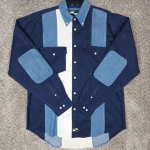 Camisa Western Urgent Gear Para Hombres Talla Lrg Azul Blanco Denim Bloque de Color Vaquero Rodeo - Imagen 1 de 16