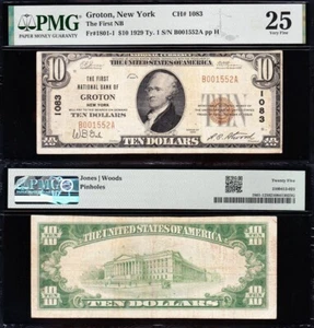 BONITO *ESCASO* Negrito y nítido en estado bastante bueno 1929 $10 Groton, ¡Billete nacional de Nueva York! PMG 25! 01552A - Imagen 1 de 3