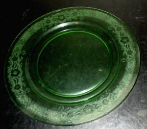 6 VINTAGE FOSTORIA VESPER  GREEN DEPRESSION GLASS   10 1/2" DINNER PLATE  UNUSED