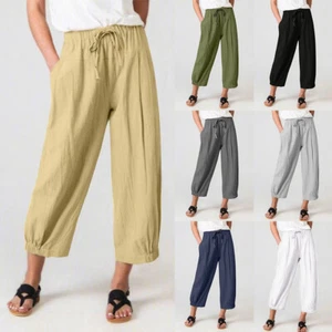 Womens Drawstring Cotton Linen Pants Ladies Summer Casual Loose Wide-Leg Trouser - Picture 1 of 21