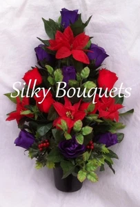 Purple and Red Christmas Flat-back Grave Pot - Silk Flower Memorial Display - Picture 1 of 2
