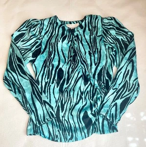 Vintage Flora Kung 100% Silk Turquiose/Black Zebra Print Blouse Women's- 10 - Picture 1 of 6
