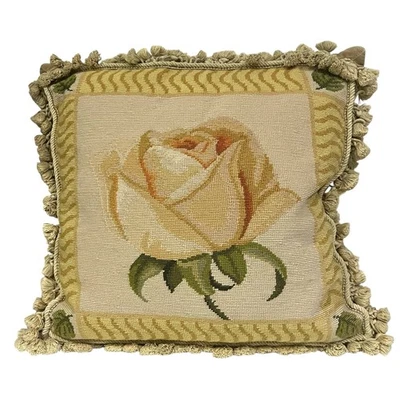 Vintage Aubusson style FRENCH COUNTRY Needlepoint Pillow English ROSE Tassels  - Image 1 of 4
