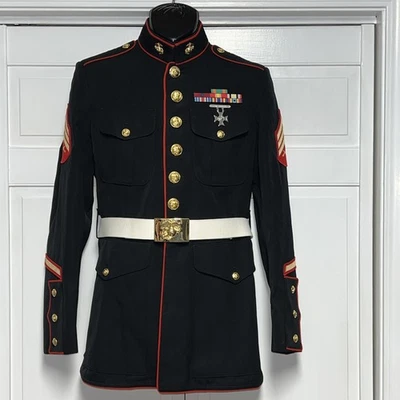 US MARINE DRESS BLUE UNIFORM JACKET BLOUSE SIZE 40L E-5 SGT ONE HASH MARK - Image 1 of 4