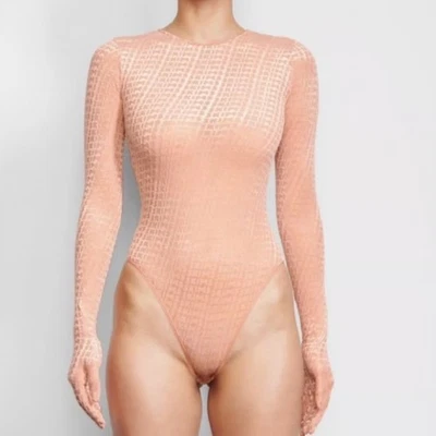 SKIMS Velvet Burnout Logo Bodysuit With Gloves Peach XL - Image 1 of 4