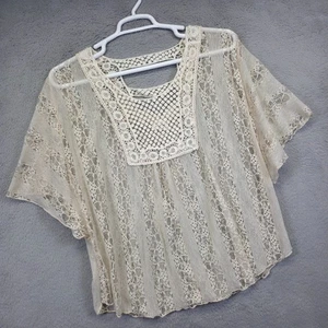 Vintage Lavish Top Women 2X Cream Lace Crochet Floral Sheer Boho Kimono Cover - Picture 1 of 12