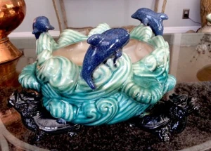 Beautiful Majolica Dolphins Jumping On Waves Footed Planter Bowl Dragon Feet 11" - Picture 1 of 11