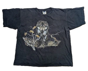 Vintage 90s Black XL Wolf Nature Cotton Graphic Design Doublesided T-Shirt - Picture 1 of 4