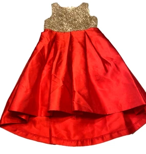 Rare Editions Sz 6 Girls High/Low Red Satin Gold Beaded Christmas Holiday Dress - Picture 1 of 9