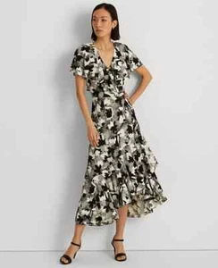 Lauren Ralph Lauren Black Wrap Dress Sz 8 Black Floral Jersey Midi New With Tags - Picture 1 of 8