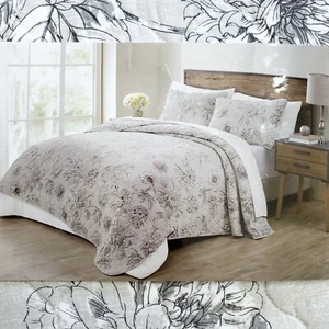 TAHARI Home Vivian Silver/Gray 3 Piece Floral Queen Size Quilt Bedding Set - Picture 1 of 12
